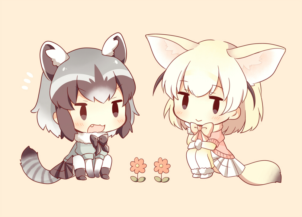&gt;:3 /\/\/\ 2girls :&gt; :3 animal_ears between_legs black_footwear black_hair black_legwear black_ribbon black_skirt blonde_hair blue_shirt blush brown_eyes brown_hair chibi collar common_raccoon_(kemono_friends) eyebrows_visible_through_hair fang fennec_(kemono_friends) flower fox_ears fox_tail full_body fur_collar fur_trim gloves gradient_hair gradient_legwear grey_hair hand_between_legs hand_on_own_knee head_on_hand jitome kemono_friends kneehighs konno_(pixiv_23416142) leaf legs_together looking_at_viewer looking_down multicolored multicolored_clothes multicolored_hair multicolored_legwear multiple_girls neck_ribbon no_nose open_mouth pink_background pink_sweater pleated_skirt puffy_short_sleeves puffy_sleeves raccoon_(kemono_friends) raccoon_ears raccoon_tail red_flower ribbon shirt short_hair short_sleeve_sweater short_sleeves simple_background sitting skirt smile socks socks_over_pantyhose squatting striped_tail sweater tail two-tone_legwear white_footwear white_gloves white_hair white_legwear white_skirt yellow_legwear yellow_ribbon