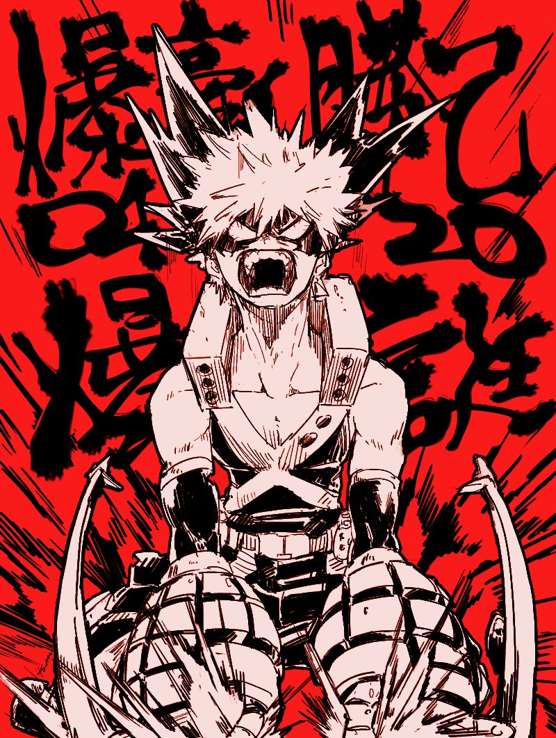 1boy angry bakugou_katsuki boku_no_hero_academia collarbone domino_mask elbow_gloves explosive gloves grenade ikapnmn2 mask monochrome muscle open_mouth red_background spiky_hair tank_top teeth text