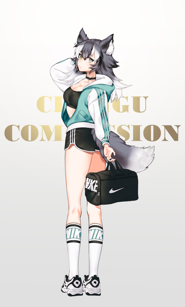 1girl alternate_costume animal_ears arm_up bag blue_eyes breasts choker chungu cleavage full_body gradient_hair grey_hair grey_wolf_(kemono_friends) heterochromia hood hoodie jacket kemono_friends legs long_hair long_sleeves looking_at_viewer looking_back medium_breasts multicolored_hair nike shoes short_shorts shorts simple_background sneakers socks solo sports_bra sportswear standing tail text track_jacket two-tone_hair white_background white_hair wolf_ears wolf_tail yellow_eyes