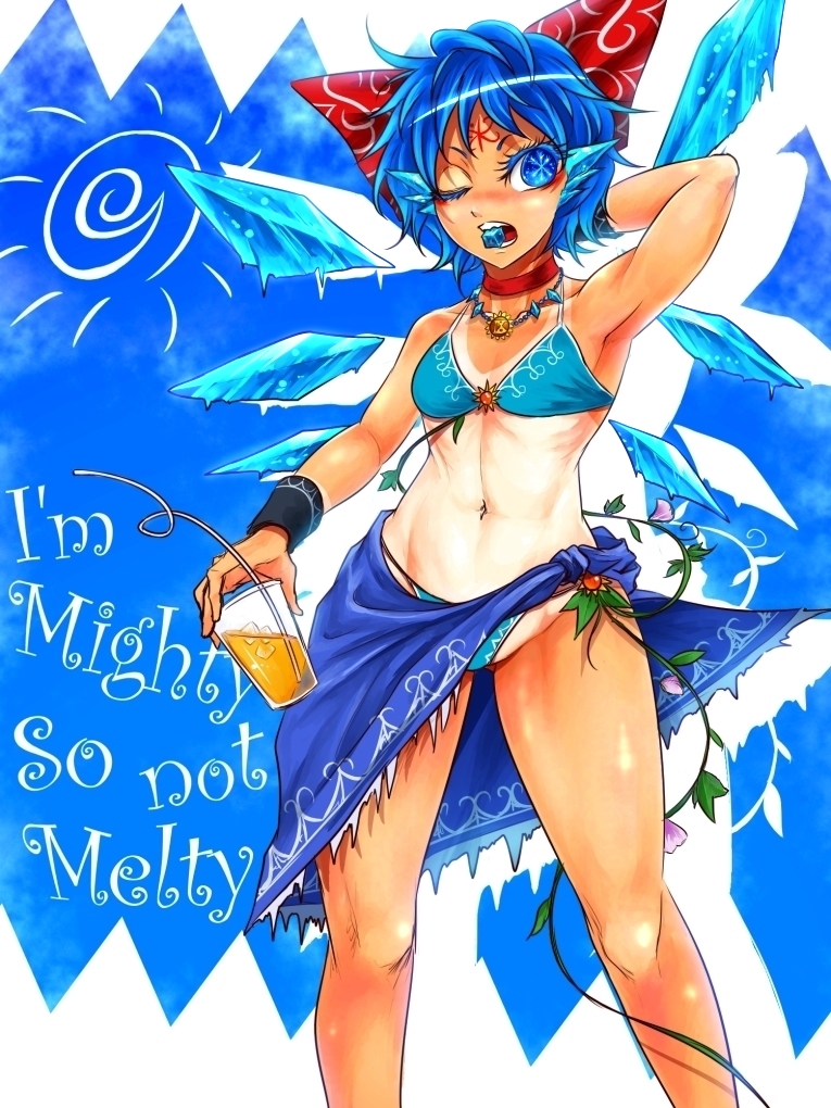 1girl armpits bikini bikini_bottom bikini_top blue_bikini blue_eyes blue_hair bow choker cirno commentary_request cowboy_shot cup drinking_straw engrish flower food_in_mouth hair_bow hand_behind_head hidden_star_in_four_seasons holding holding_cup ice ice_cube ice_wings jewelry navel necklace older one-piece_tan one_eye_closed plant ranguage ryuuichi_(f_dragon) sarong short_hair solo sunflower swimsuit symbol-shaped_pupils tan tanline toned touhou vines wings wristband