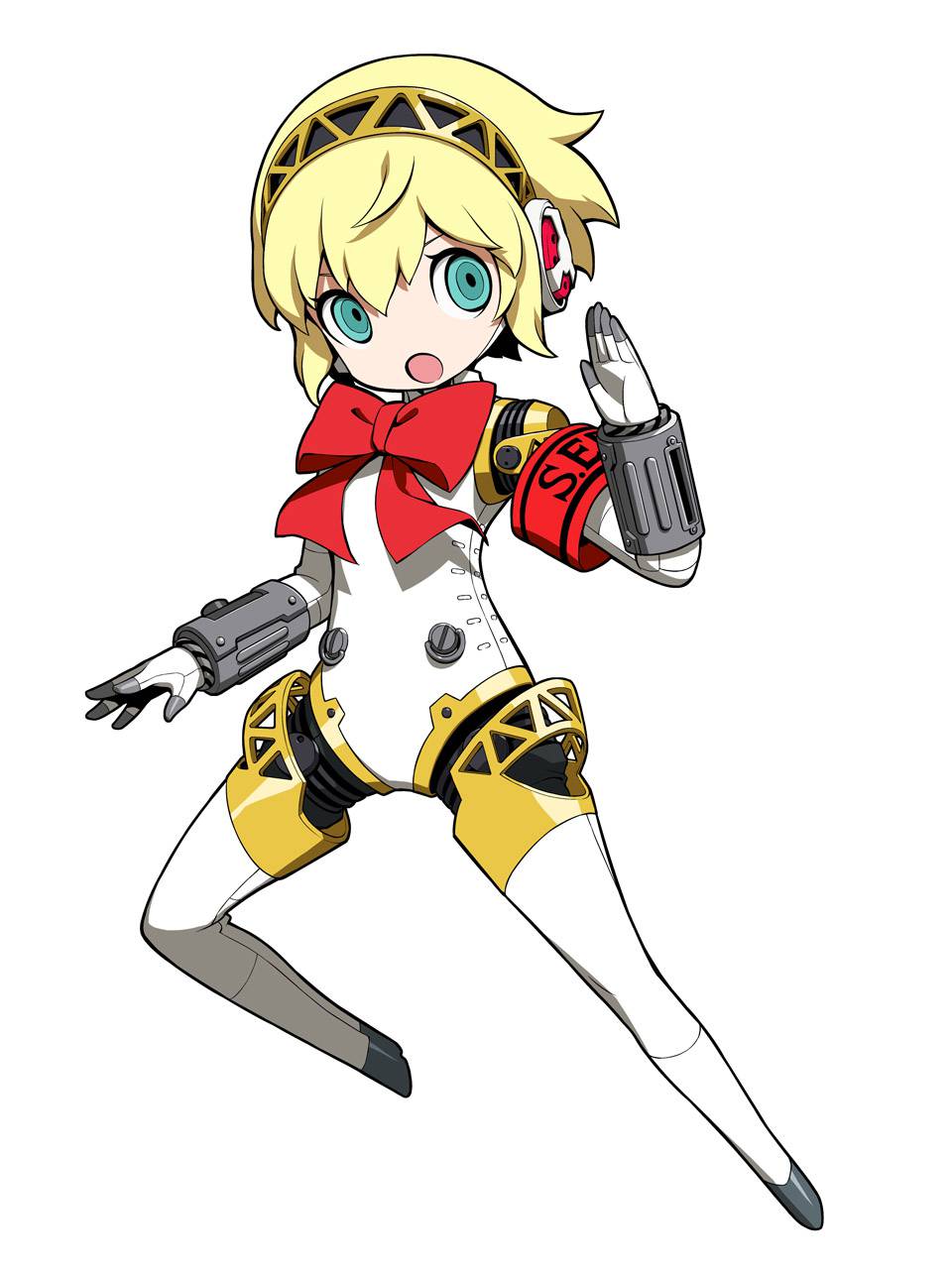 1girl :o aegis_(persona) android blonde_hair blue_eyes highres official_art open_mouth persona persona_3 persona_q2:_new_cinema_labyrinth persona_q_(series) red_ribbon ribbon robot_joints solo