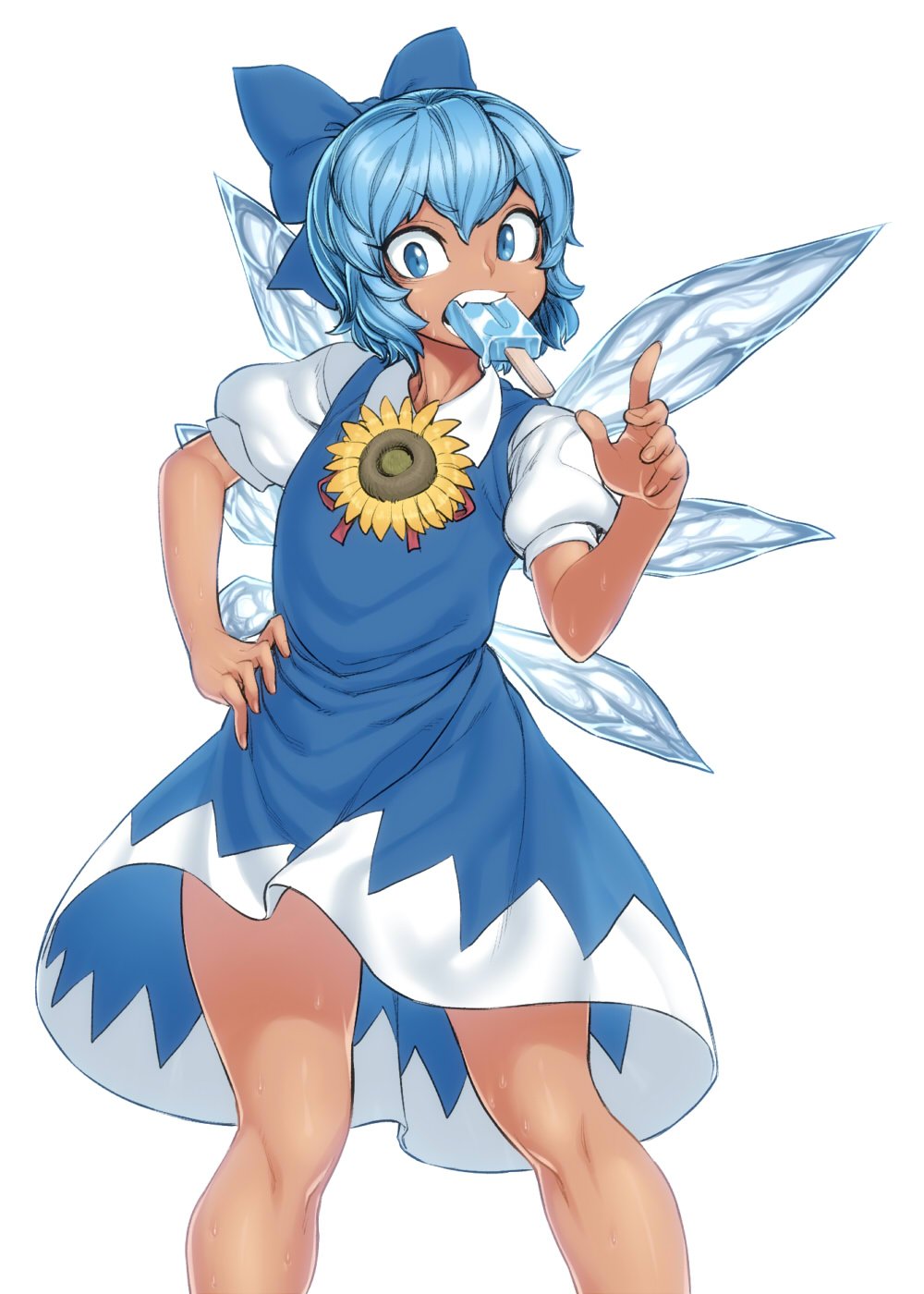 1girl blue_dress blue_eyes blue_hair cirno dress flower food food_in_mouth hair_ribbon hidden_star_in_four_seasons highres ice ice_wings icicle looking_at_viewer popsicle ribbon short_hair solo space_jin sunflower sweat tan touhou white_background wings