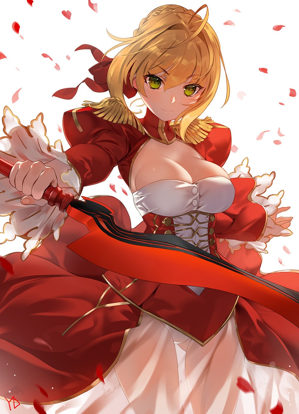 1girl aestus_estus ahoge aiguillette bangs blonde_hair blush braid breasts buttons center_opening cleavage closed_mouth cowboy_shot dress epaulettes eyebrows_visible_through_hair fate/extra fate_(series) fingernails french_braid frilled_sleeves frills green_eyes hair_between_eyes hair_bun hair_intakes hand_on_hip hands_up highres holding holding_sword holding_weapon juliet_sleeves large_breasts leaning_forward legs_apart leotard long_dress long_sleeves looking_at_viewer medium_breasts outstretched_arms parted_lips petals puffy_sleeves red_dress ribbed_dress saber_extra see-through short_hair_with_long_locks sidelocks simple_background skindentation smile solo standing sword thigh_gap thighs turtleneck weapon white_background white_dress white_leotard wide_sleeves yang-do