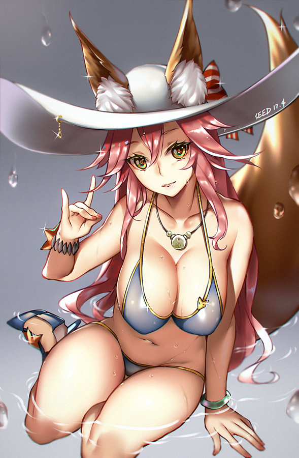 1girl \m/ animal_ears artist_name bikini blue_bikini blush bracelet breasts cleavage collarbone dated fate/extra fate/grand_order fate_(series) fox_ears fox_tail hat high_heels jewelry large_breasts long_hair looking_at_viewer navel necklace pink_hair simple_background sitting smile solo swimsuit tail tamamo_(fate)_(all) tamamo_no_mae_(swimsuit_lancer)_(fate) viola_(seed) yellow_eyes yokozuwari