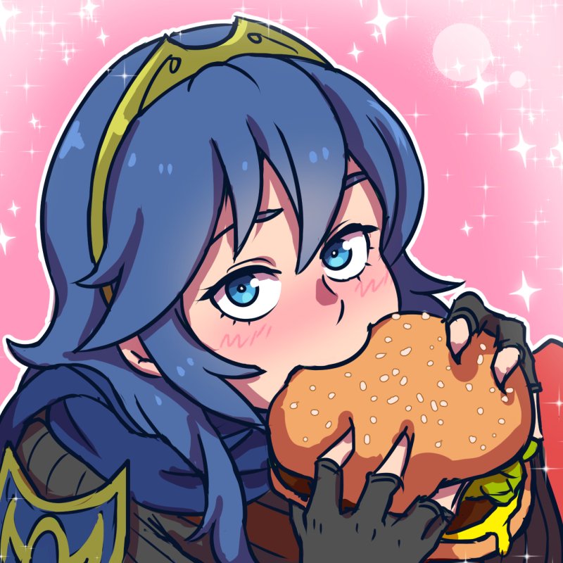 1girl akairiot blue_eyes blue_hair blush eating fingerless_gloves fire_emblem fire_emblem:_kakusei food gloves hamburger long_hair looking_at_viewer lucina solo tiara