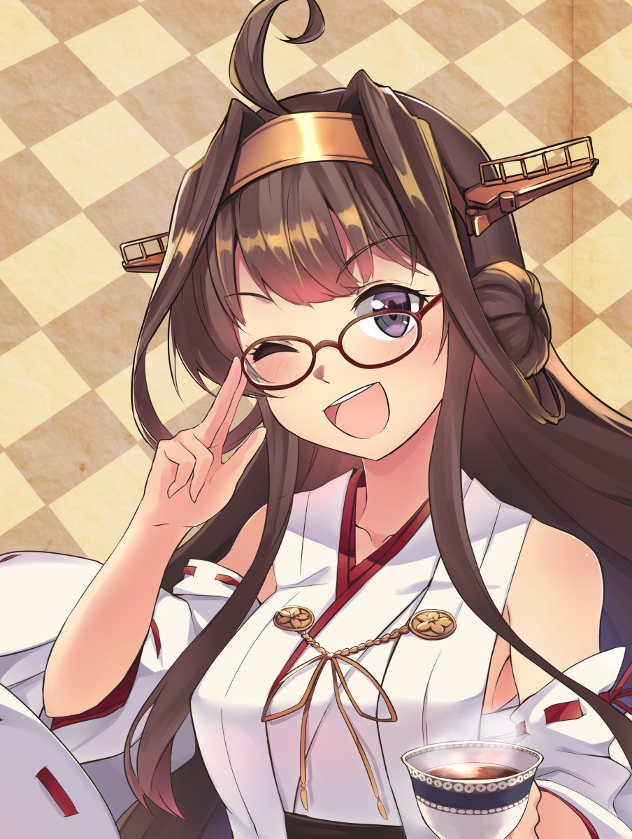 1girl ahoge bespectacled brown_hair checkered checkered_background cup detached_sleeves double_bun glasses hairband headgear highres ido_(teketeke) japanese_clothes kantai_collection kongou_(kantai_collection) long_hair looking_at_viewer nontraditional_miko one_eye_closed open_mouth ribbon-trimmed_sleeves ribbon_trim solo steam teacup upper_body violet_eyes