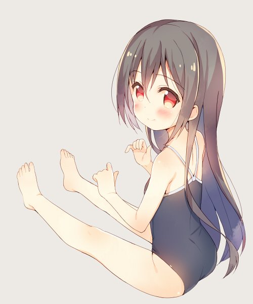 1girl ass barefoot blush brown_hair competition_school_swimsuit from_behind legs long_hair looking_back meito_(maze) one-piece_swimsuit original red_eyes school_swimsuit sitting smile solo swimsuit