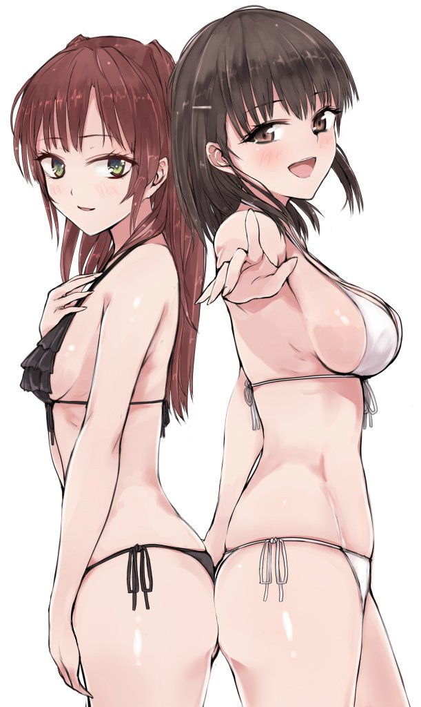 2girls ass-to-ass bikini black_bikini blush breasts brown_eyes brown_hair contrapposto cowboy_shot frilled_bikini frills from_side green_eyes hand_on_own_chest long_hair looking_at_viewer looking_to_the_side medium_breasts multiple_girls original outstretched_arm side-tie_bikini sideboob simple_background small_breasts swimsuit two_side_up white_background white_bikini yukiguni_yuu