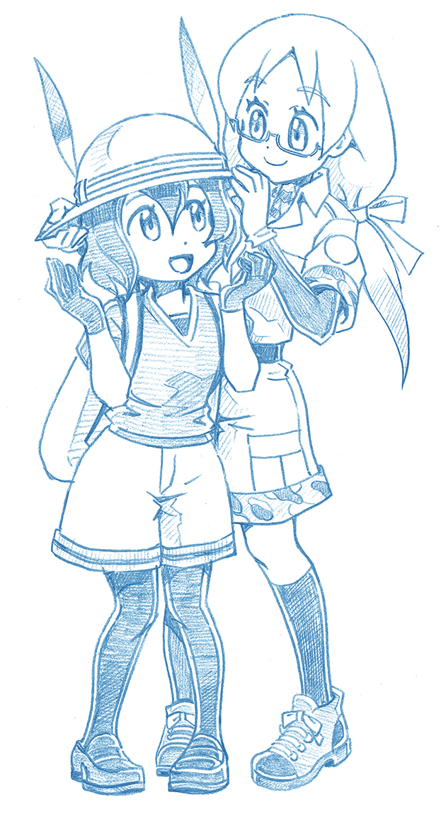 2girls adjusting_clothes adjusting_hat backpack bag bbb_(friskuser) bodysuit_under_clothes bow bucket_hat commentary_request glasses gloves greyscale hair_between_eyes hair_bow hat hat_feather hat_removed headwear_removed holding holding_hat kaban_(kemono_friends) kemono_friends low_ponytail mirai_(kemono_friends) monochrome multiple_girls open_mouth pantyhose_under_shorts safari_jacket shirt shoes short_sleeves shorts smile socks t-shirt white_background