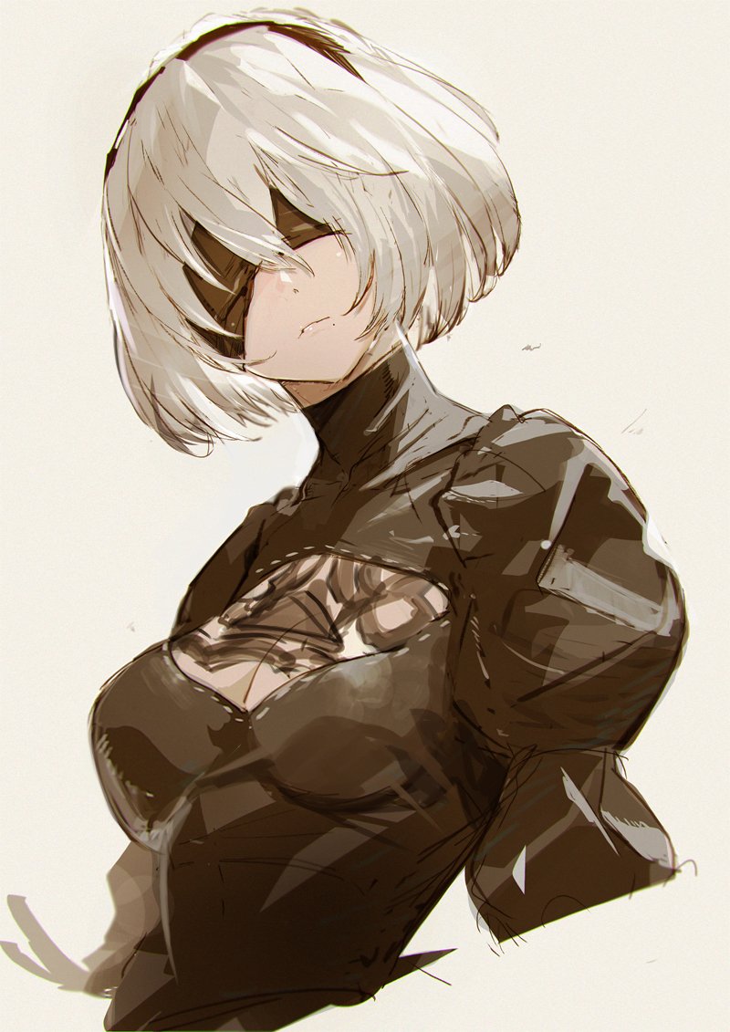 1girl blindfold cleavage_cutout hairband mole mole_under_mouth nier_(series) nier_automata short_hair silver_hair so-bin solo yorha_no._2_type_b