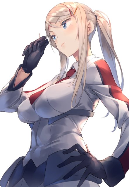 1girl alternate_hairstyle black_gloves blonde_hair breasts capelet colored_eyelashes from_below gloves graf_zeppelin_(kantai_collection) grey_eyes hair_between_eyes impossible_clothes kantai_collection large_breasts lips long_hair looking_away military military_uniform necktie no_hat no_headwear ponytail red_necktie sidelocks tsurime uniform upper_body yomo_(majidon)