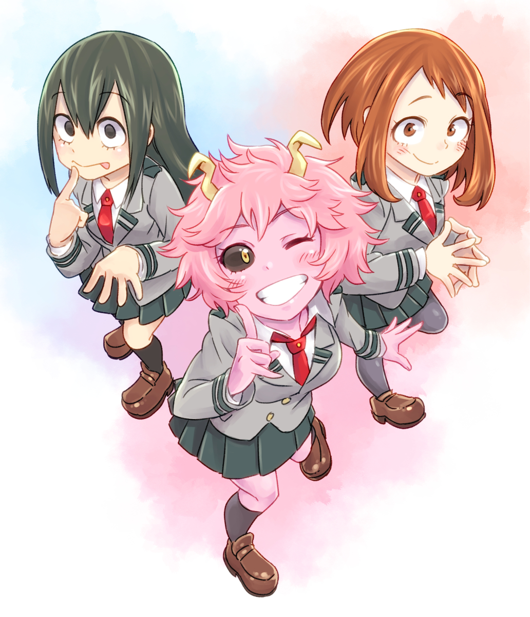 3girls :p ;d ashido_mina asui_tsuyu black_eyes black_hair black_sclera blush boku_no_hero_academia brown_eyes brown_hair full_body highres horns long_hair long_sleeves looking_at_viewer multiple_girls necktie one_eye_closed open_mouth ouhashi_(yumenosukima) pink_hair pink_skin pleated_skirt red_necktie school_uniform short_hair skirt smile teeth tongue tongue_out uraraka_ochako yellow_eyes