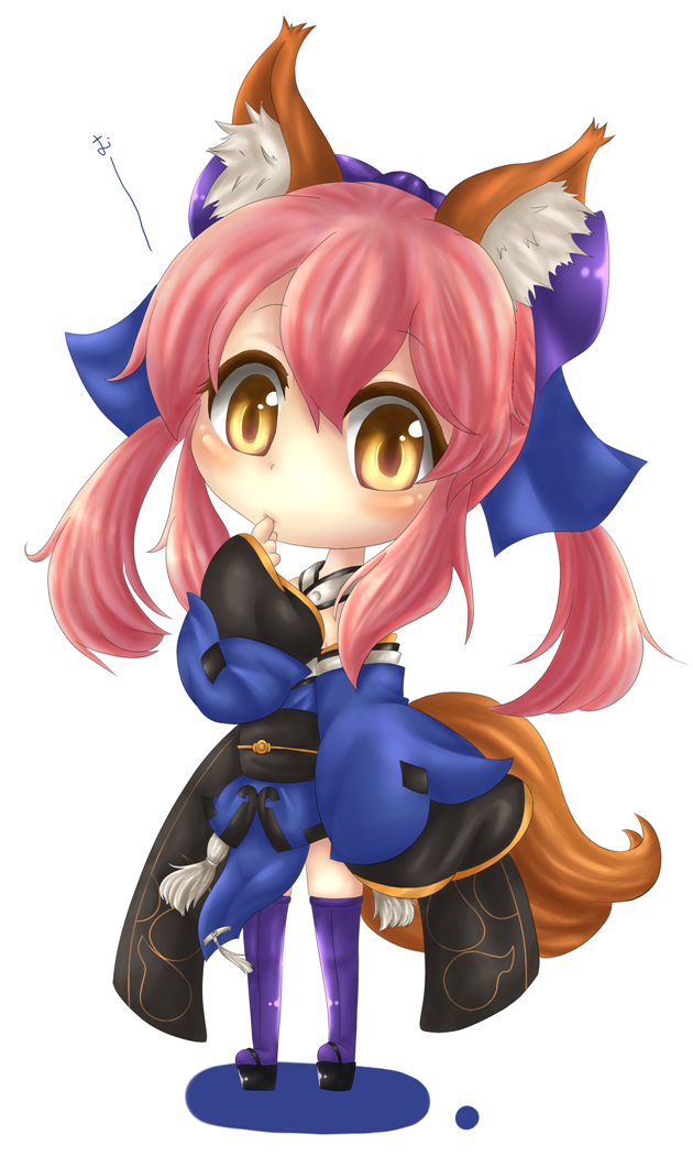 1girl animal_ears blue_legwear bow chibi detached_sleeves fate/extra fate_(series) finger_to_mouth fox_ears fox_tail hair_bow hair_ribbon japanese_clothes looking_at_viewer pink_hair ribbon simple_background solo tail tamamo_(fate)_(all) tamamo_no_mae_(fate) white_background yellow_eyes