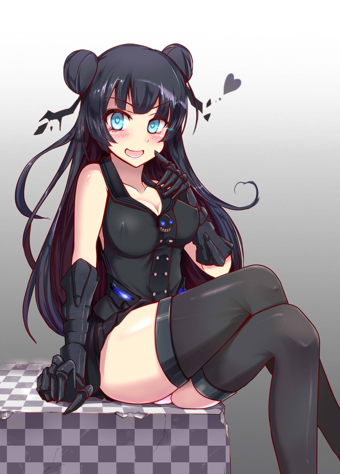 1girl bangs bare_shoulders black_hair blue_eyes blush breasts commentary commentary_request crack cracked_floor double_bun erect_nipples finger_to_cheek gauntlets glowing glowing_eyes headdress heart highres kantai_collection kihou_no_gotoku_dmc large_breasts light_cruiser_oni nipples sailor_collar sidelocks sitting skirt smile solo thigh-highs