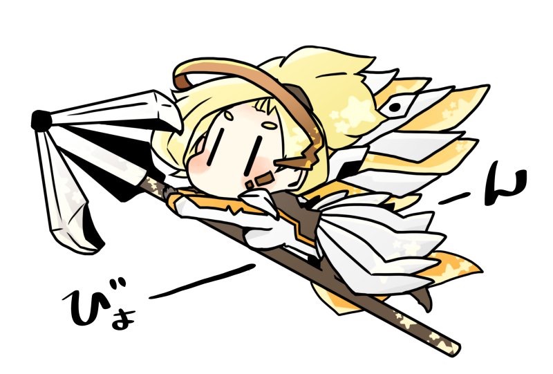 1girl black_gloves black_legwear blonde_hair blush bodysuit breast_press breasts chibi flying full_body gloves hair_intakes high_ponytail holding holding_staff lying mechanical_halo mechanical_wings medium_breasts mercy_(overwatch) morita_(moge) no_mouth on_stomach overwatch pantyhose pelvic_curtain riding short_hair simple_background solo spread_wings staff star white_background wings |_|