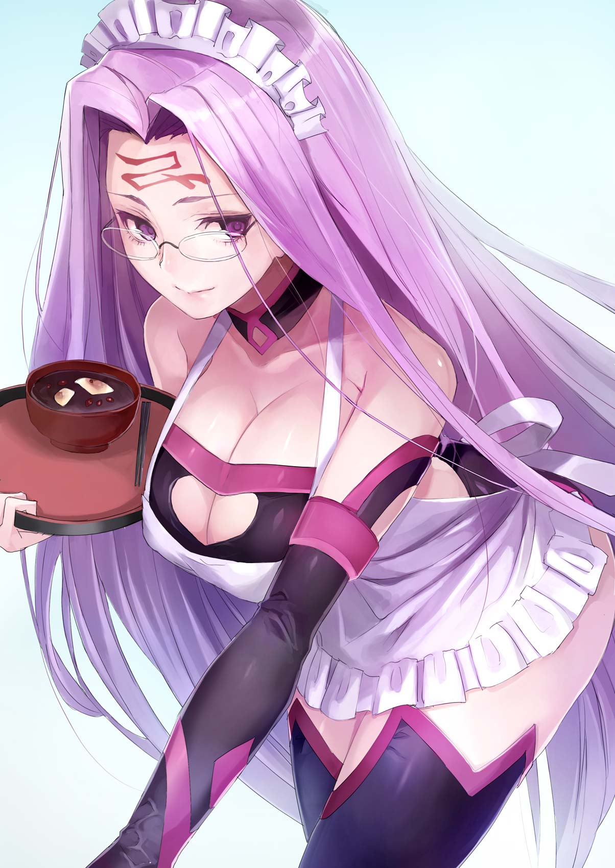 1girl alternate_costume apron bare_shoulders bowl breasts cleavage cleavage_cutout detached_collar detached_sleeves enmaided facial_mark fate/stay_night fate_(series) food forehead_mark glasses highres large_breasts leaning_forward long_hair looking_at_viewer maid maid_apron maid_headdress mochi purple_hair rider rimless_glasses smile solo taishi_(picchiridou) tray very_long_hair violet_eyes wagashi zenzai