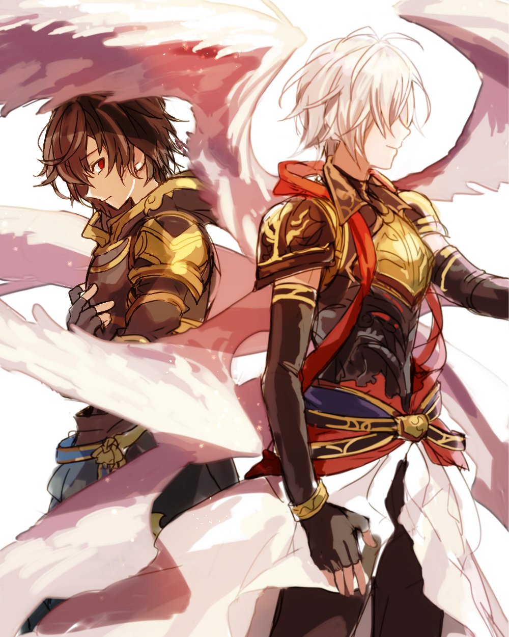 2900cm 2boys armor back-to-back brown_hair commentary_request fingerless_gloves gloves granblue_fantasy highres lucifer_(shingeki_no_bahamut) male_focus multiple_boys multiple_wings red_eyes sandalphon_(granblue_fantasy) seraph shingeki_no_bahamut white_hair wings