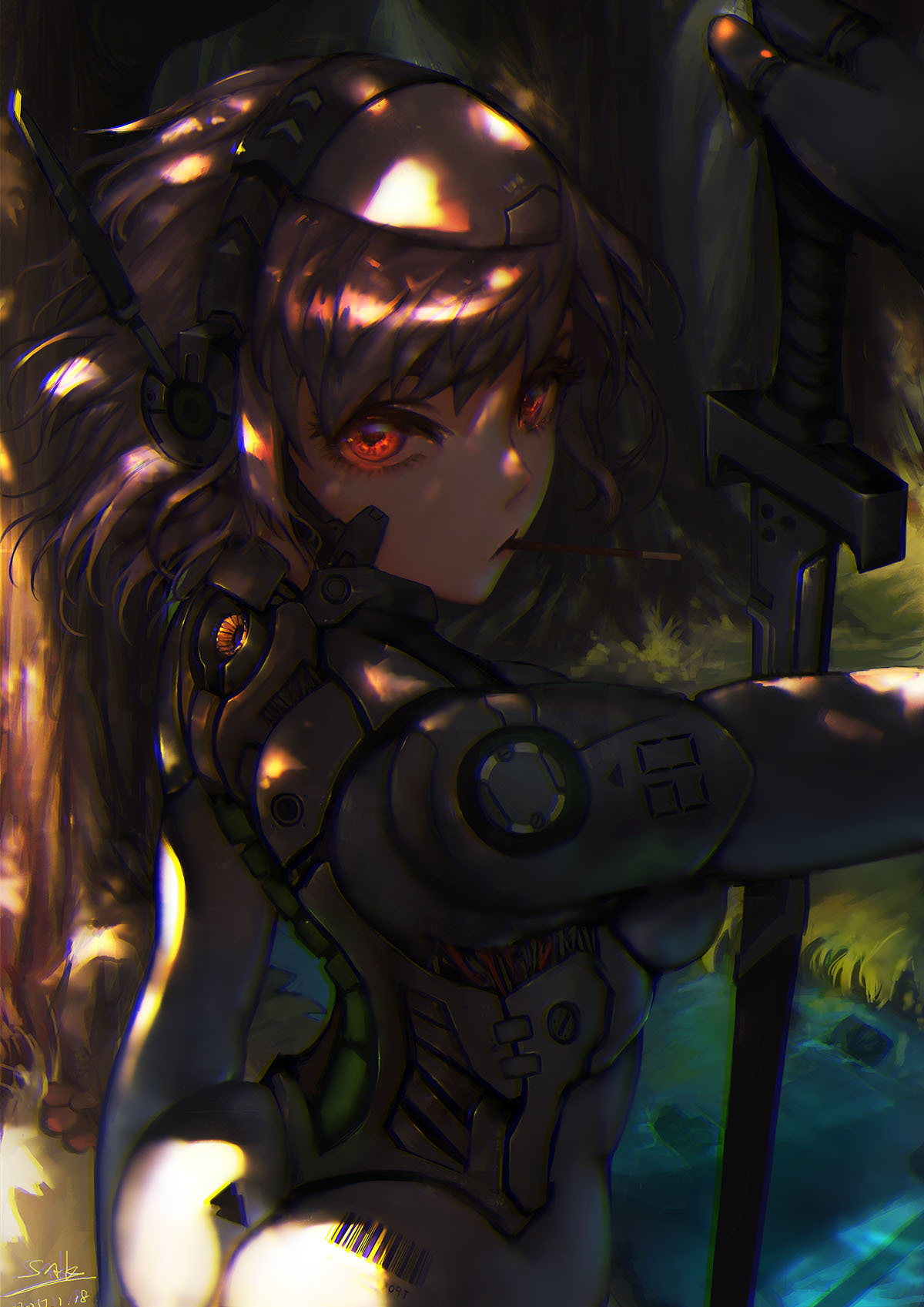 1girl arm_at_side armor ass bangs brown_hair cable cowboy_shot cyborg dappled_sunlight dated day eyelashes food forest from_above from_behind grass hand_up headgear headphones highres holding holding_sword holding_weapon lize_cai looking_at_viewer mouth_hold nature original outdoors pocky red_eyes river short_hair signature solo sunlight sword tree water weapon