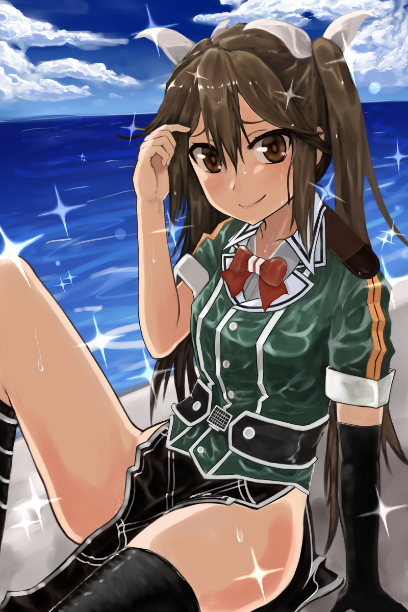 1girl black_gloves blush bow bowtie brown_hair closed_mouth clouds day elbow_gloves gloves green_shirt hair_between_eyes hair_ribbon highres kantai_collection long_hair looking_at_viewer miyako_(miyako_lplover) outdoors red_bow red_bowtie ribbon shirt short_sleeves single_elbow_glove sitting sky smile solo sparkle tone_(kantai_collection) twintails water white_ribbon