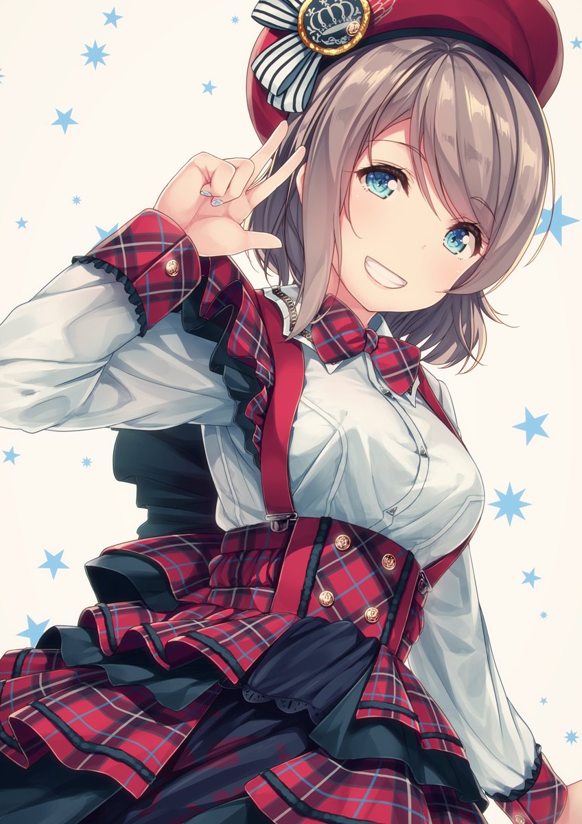 1girl beret blue_eyes bow collared_shirt commentary_request frills grey_hair grin hat hat_bow high-waist_skirt highres layered_skirt long_sleeves looking_at_viewer love_live! love_live!_sunshine!! nail_polish plaid plaid_bowtie plaid_skirt shirt short_hair siva_(executor) skirt smile solo star starry_background striped striped_bow suspender_skirt suspenders w watanabe_you