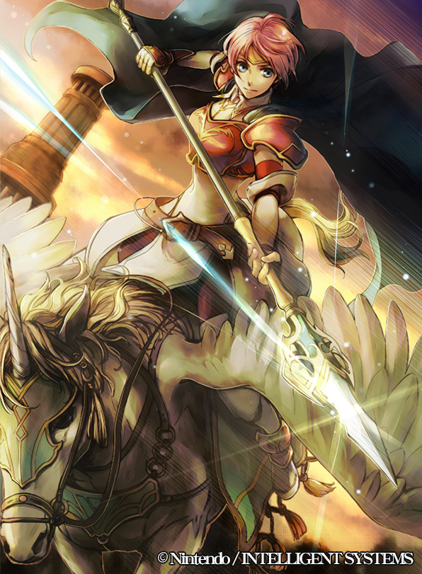 1girl arm_guards armor belt blue_eyes breastplate cape company_connection copyright_name elbow_gloves fire_emblem fire_emblem:_akatsuki_no_megami fire_emblem:_souen_no_kiseki fire_emblem_cipher gloves holding holding_weapon horse horseback_riding official_art pauldrons pegasus pegasus_knight pink_hair polearm riding serious short_hair spear sunset thigh-highs wadadot_lv weapon wings