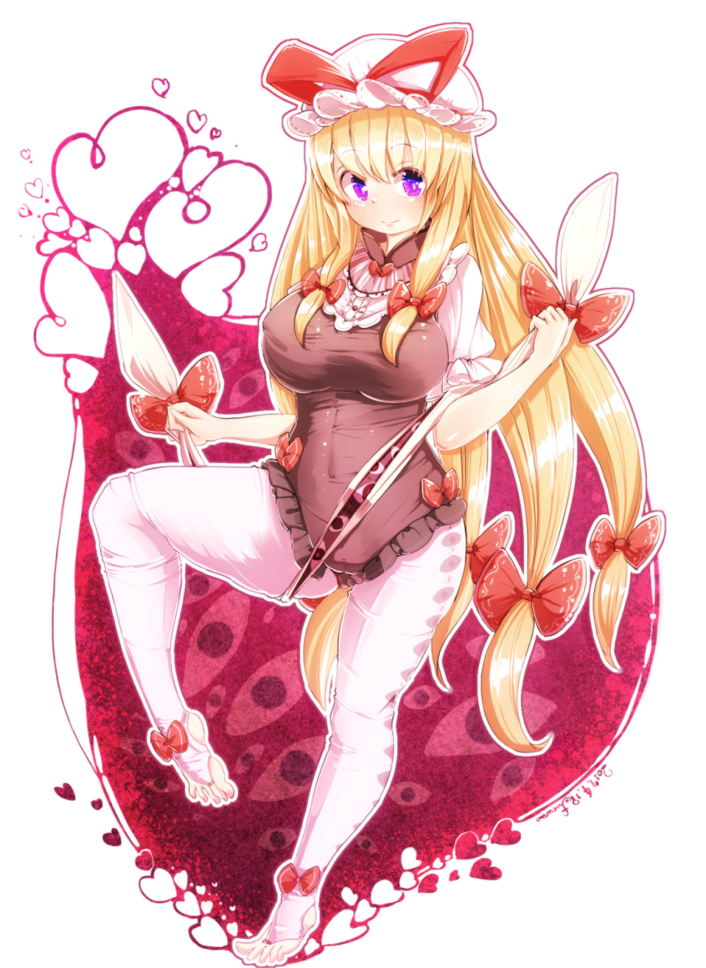 1girl alternate_costume artist_name bangs belly blonde_hair bow breasts dated erect_nipples eyes frilled_leotard frills full_body furim gap gradient_eyes hair_between_eyes hair_bow hat hat_ribbon heart heart_of_string highres knee_up large_breasts leggings leotard long_hair looking_at_viewer mob_cap multicolored multicolored_eyes reflective_eyes ribbon ribbon-trimmed_headwear ribbon_trim shiny shiny_clothes shiny_hair sidelocks solo taut_leotard thick_thighs thighs toes touhou very_long_hair violet_eyes white_background white_legwear yakumo_yukari