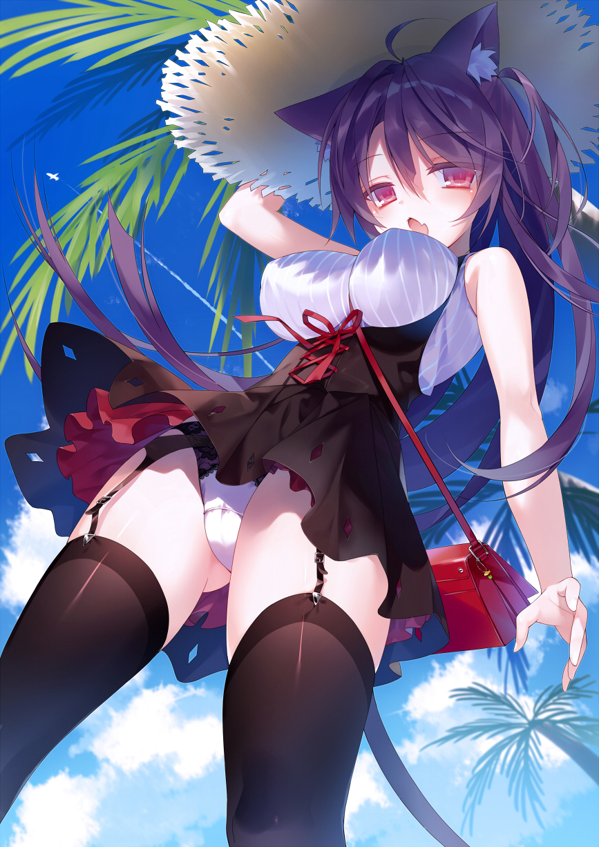 1girl animal_ears bag black_legwear black_skirt blush breasts cat_ears cat_tail commentary english eyebrows_visible_through_hair fang garter_straps handbag hat highres large_breasts long_hair looking_at_viewer open_mouth original panties red_eyes red_ribbon ribbon skirt sleeveless solo straw_hat tail text thigh-highs twitter_username underwear white_panties yoruneko