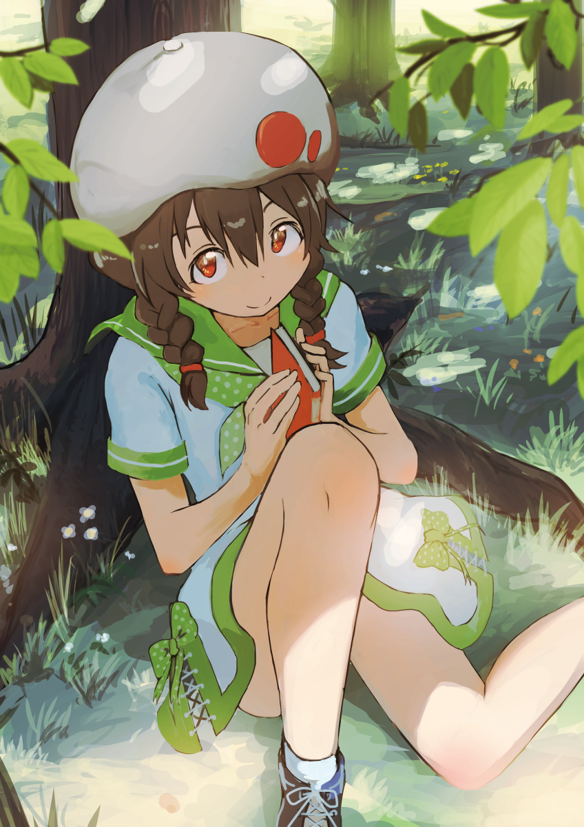 1girl bangs beret book braid branch brown_hair c: closed_mouth dress grass hair_between_eyes hat highres holding holding_book inami_hatoko knee_up leaf looking_at_viewer official_art original outdoors red_eyes sailor_collar sailor_dress school_uniform serafuku shoes sitting smile sneakers solo tree twin_braids