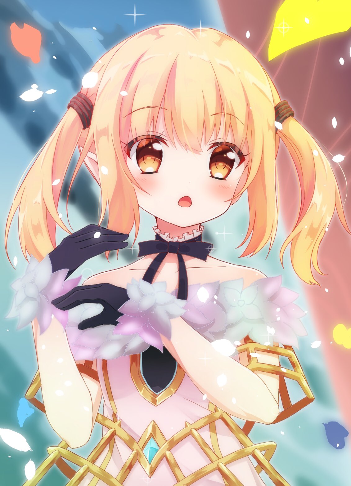 1girl bassa black_bow black_choker black_gloves black_ribbon blonde_hair blush bow character_request choker commentary copyright_request eyebrows_visible_through_hair gloves highres looking_at_viewer medium_hair open_mouth orange_eyes petals pointy_ears ribbon solo twintails