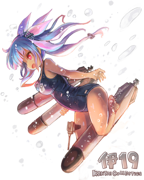 1girl blue_hair blue_swimsuit character_name copyright_name hair_ribbon i-19_(kantai_collection) kantai_collection long_hair name_tag ramune_(ramunepod) red_eyes ribbon riding school_swimsuit simple_background solo star star-shaped_pupils swimsuit symbol-shaped_pupils torpedo tri_tails twintails underwater white_background
