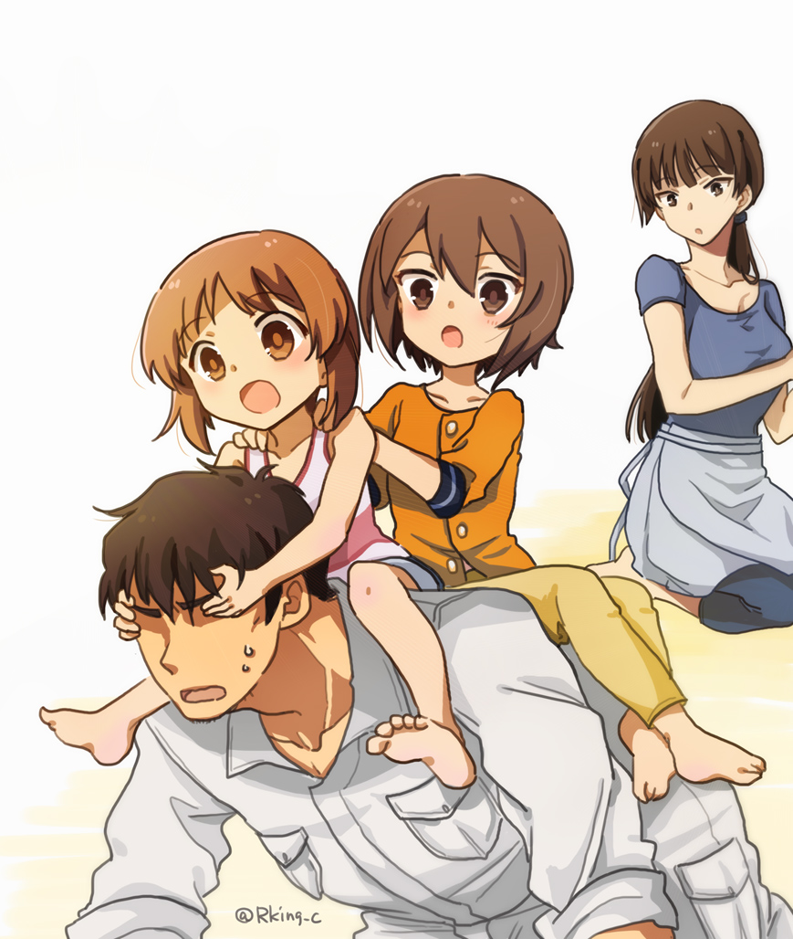 1boy 3girls alternate_hairstyle apron bangs barefoot blue_pants blue_shirt blue_shorts blunt_bangs brown_pants covering_eyes denim denim_shorts family father_and_daughter girls_und_panzer hands_on_another's_shoulders husband_and_wife jumpsuit long_hair looking_at_viewer mother_and_daughter multiple_girls nishizumi_maho nishizumi_miho nishizumi_shiho nishizumi_tsuneo open_mouth orange_shirt pants parted_lips piggyback ponytail r-king riding seiza shirt shorts siblings sisters sitting sweatdrop tank_top twitter_username waist_apron white_jumpsuit younger