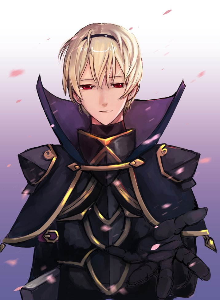 1boy armor blonde_hair fire_emblem fire_emblem_if kero_sweet leon_(fire_emblem_if) looking_at_viewer male_focus pauldrons petals red_eyes