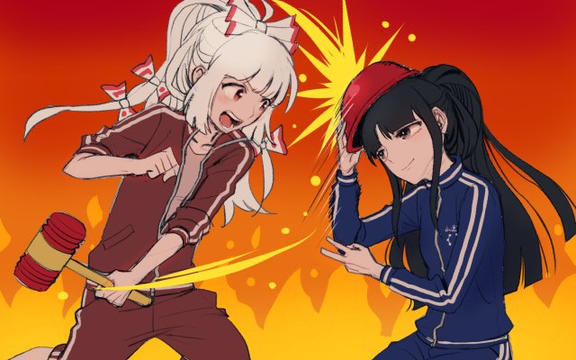 2girls bangs black_hair blue_clothes blunt_bangs bow brown_eyes clenched_hand collarbone fiery_background fire fujiwara_no_mokou hair_bow houraisan_kaguya long_hair long_sleeves mallet meitei multi-tied_hair multiple_girls open_mouth ponytail red_clothes red_eyes rock_paper_scissors sidelocks sleeves_pushed_up touhou track_suit white_hair