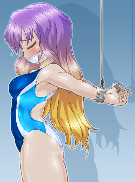 1girl bdsm bondage bound brown_hair closed_eyes competition_swimsuit cowboy_shot cuffs gag gagged gradient_hair hijiri_byakuren long_hair multicolored_hair one-piece_swimsuit purple_hair restrained rope shadow solo strappado swimsuit touhou winn