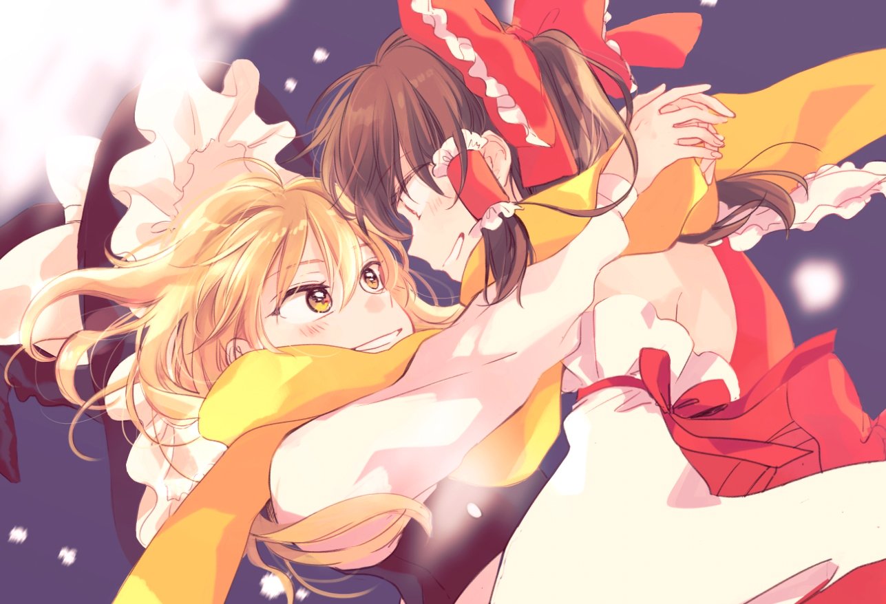 2girls bare_shoulders blonde_hair blush bow brown_hair detached_sleeves eye_contact grin hair_bow hair_tubes hakurei_reimu hat hug imminent_kiss kirisame_marisa large_bow long_sleeves looking_at_another messy_hair multiple_girls scarf shared_scarf smile touhou vest wide_sleeves witch_hat yellow_eyes yonu_(yonurime) yuri