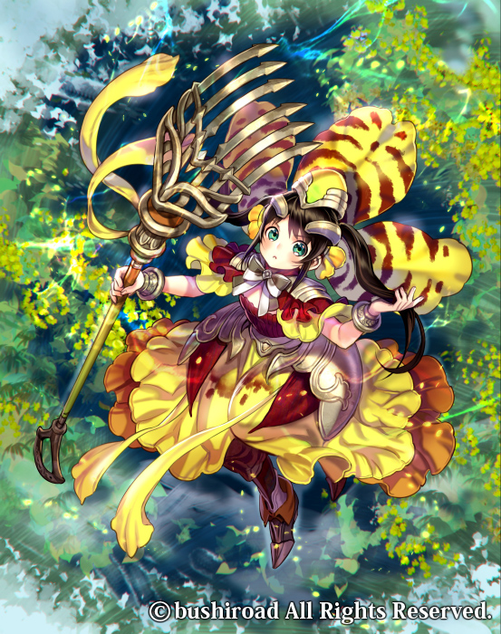 1girl boots bracelet brown_hair cardfight!!_vanguard company_name flower flower_chamber_maiden_salianna full_body green_eyes hair_flower hair_ornament hat jewelry leaf long_hair midori_fuu official_art petals solo staff twintails