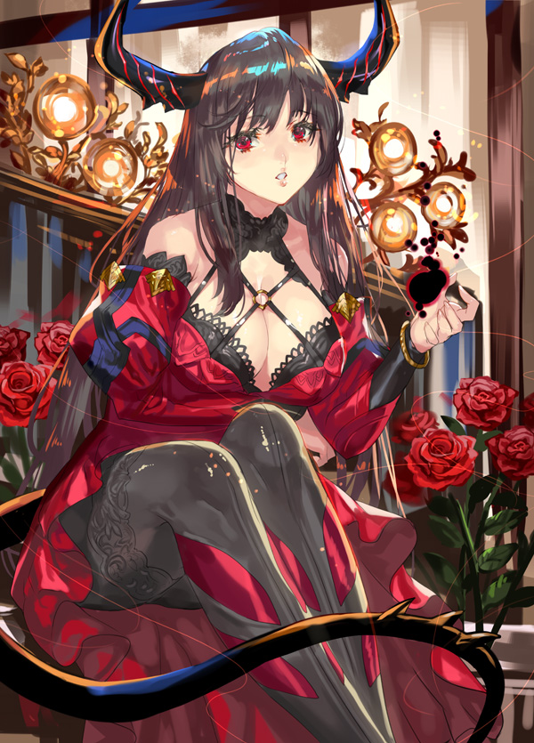 1girl bangs bare_shoulders black_hair black_legwear bracelet breast_hold breasts cleavage cleavage_cutout demon_girl demon_horns demon_tail detached_sleeves dress eyebrows_visible_through_hair flower full_body halterneck hand_up horns jewelry lace lace-trimmed_legwear lace-trimmed_sleeves large_breasts leaning_forward legs_together long_hair long_sleeves looking_at_viewer no_bra o-ring_top original pantyhose parted_bangs parted_lips puffy_detached_sleeves puffy_sleeves ran'ou_(tamago_no_kimi) red_dress red_eyes red_flower red_rose rose sidelocks sitting solo spiked_tail spikes straight_hair tail turtleneck very_long_hair