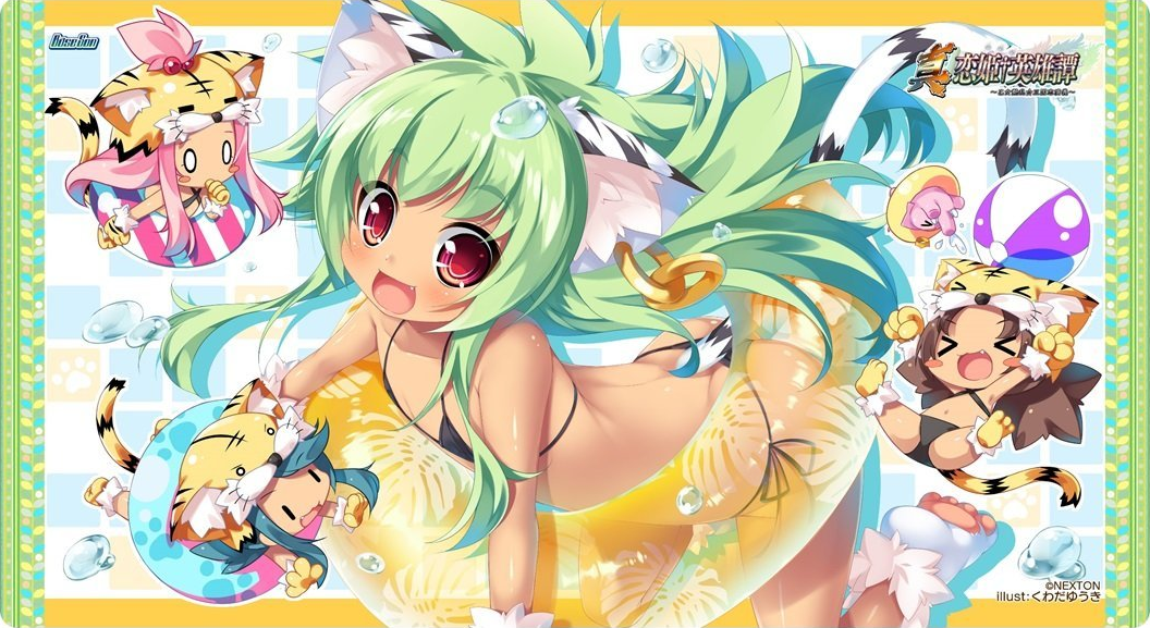 &gt;_&lt; 4girls :3 all_fours animal_ears arms_up ass ball beachball bikini black_bikini blush_stickers brown_hair cat_ears cat_tail clenched_hands closed_eyes earrings fake_animal_ears fang flat_chest gloves green_hair hair_bobbles hair_ornament hand_to_own_mouth hat innertube jewelry koihime_musou kuwada_yuuki leaning_forward long_hair micro_bikini mike_(koihime_musou) moukaku multiple_girls navel o_o official_art open_mouth paw_gloves paw_shoes paws pink_hair red_eyes shamu shoes side-tie_bikini smile spread_legs swimsuit tail tiger_ears tiger_tail topknot tora_(koihime_musou) twintails