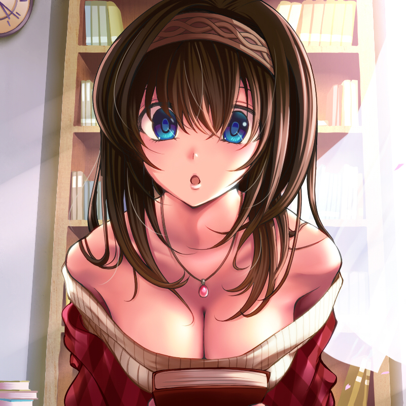 1girl :o bare_shoulders blue_eyes book book_stack bookshelf breasts brown_hair cleavage clock hairband holding holding_book idolmaster idolmaster_cinderella_girls jewelry leaning_forward long_hair looking_at_viewer medium_breasts necklace nosuke21 off-shoulder_sweater open_mouth pendant ribbed_sweater sagisawa_fumika shawl solo sweater