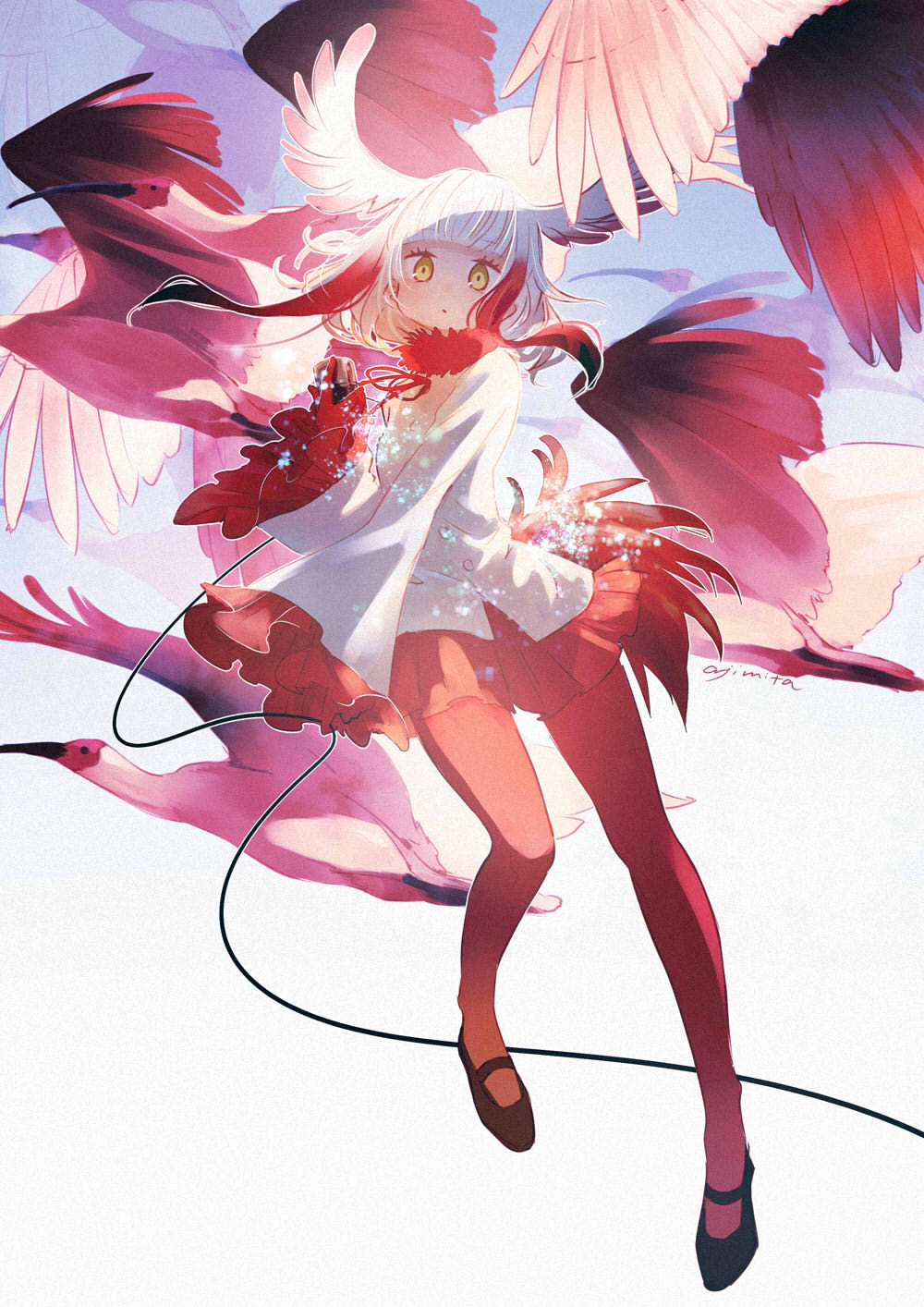 1girl :/ ajimita animal artist_name bangs bird bird_tail bird_wings blue_background blunt_bangs brown_footwear brown_shoes buttons collar crested_ibis crested_ibis_(kemono_friends) drawstring expressionless eyebrows_visible_through_hair eyelashes feathered_wings floating floating_hair frilled_sleeves frills full_body fur_collar gloves gradient gradient_background gradient_hair grey_background head_wings highres holding holding_microphone japanese_crested_ibis_(kemono_friends) kemono_friends long_legs long_sleeves looking_at_viewer mary_janes microphone multicolored multicolored_background multicolored_hair outline pantyhose pleated_skirt red_gloves red_legwear red_skirt redhead sandstar shirt shoes short_hair short_hair_with_long_locks sidelocks signature skirt sleeves_past_wrists tail tareme two-tone_background two-tone_hair white_hair white_outline white_shirt wide_sleeves wings yellow_eyes