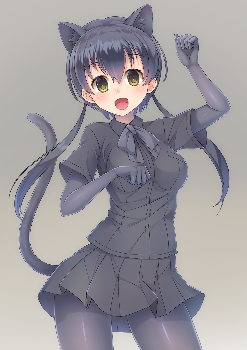 1girl :d black_hair black_leopard_(kemono_friends) black_panther_(kemono_friends) bow bowtie cowboy_shot gloves grey_background highres kemono_friends long_hair low_twintails miniskirt open_mouth panther_ears panther_tail pantyhose simple_background skirt smile solo tail twintails umitonakai upper_body yellow_eyes