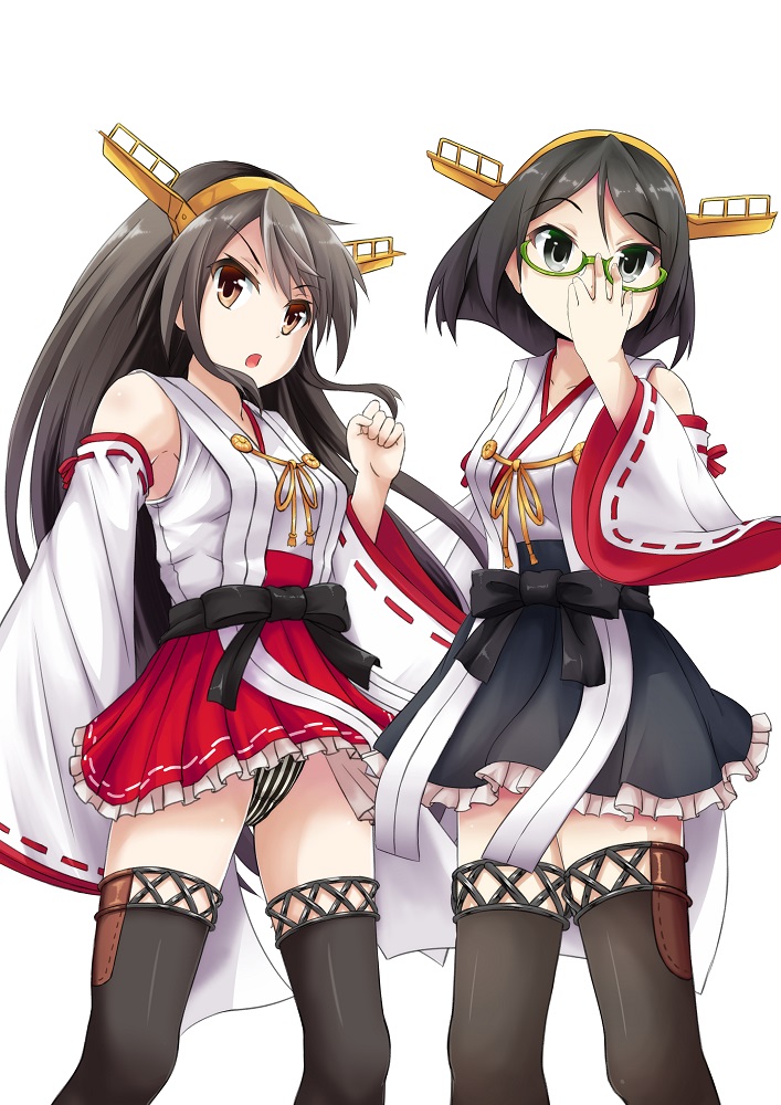 2girls adjusting_glasses bassa black_bow black_hair black_legwear black_panties black_skirt bow brown_eyes commentary detached_sleeves eyebrows_visible_through_hair glasses grey_eyes grey_hair hairband haruna_(kantai_collection) kantai_collection kirishima_(kantai_collection) long_hair long_sleeves looking_at_viewer multiple_girls no_legwear nontraditional_miko panties red_skirt semi-rimless_glasses short_hair skirt striped striped_panties thigh-highs underwear white_panties