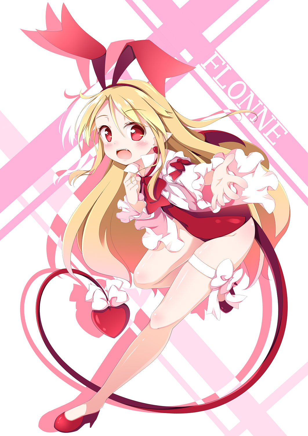 1girl :d akira_irodori blonde_hair blush bow character_name disgaea flonne flonne_(fallen_angel) full_body hair_bow high_heels highres leotard long_hair looking_at_viewer open_mouth outstretched_hand pointy_ears red_bow red_eyes red_leotard red_shoes ribbon shiny shiny_skin shoes smile solo standing standing_on_one_leg tail tail_bow thighlet white_ribbon