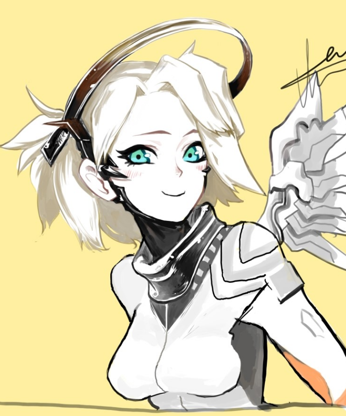 1girl alternate_eye_color alternate_hair_color aqua_eyes bodysuit breasts closed_mouth eyelashes hair_intakes high_ponytail hine_(artist) leaning_forward looking_at_viewer mechanical_halo mechanical_wings medium_breasts mercy_(overwatch) overwatch short_hair signature simple_background smile solo spot_color taut_clothes tsurime turtleneck upper_body white_hair wings