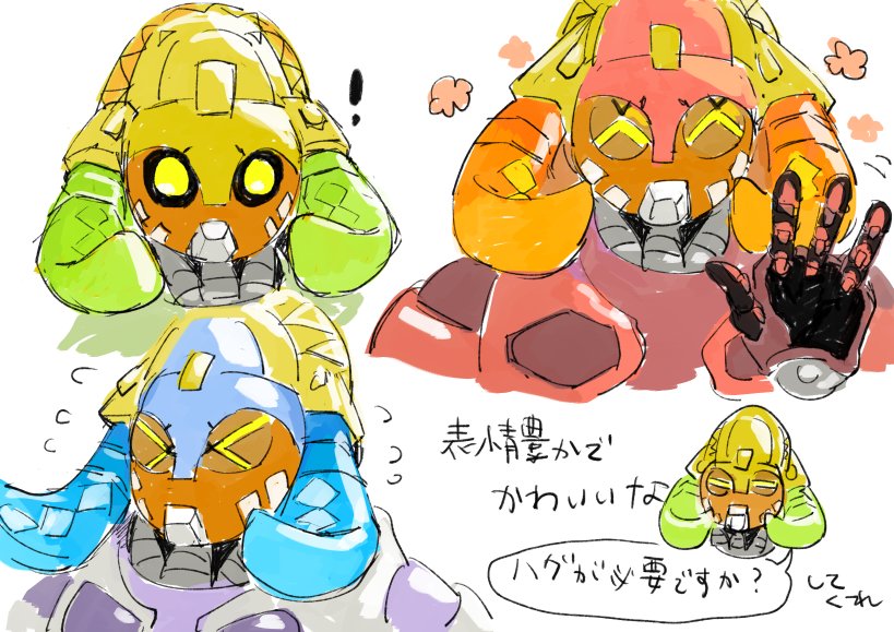 ! &gt;_&lt; 1girl ^_^ asunekun closed_eyes commentary_request expressions flower flying_sweatdrops green_eyes horns motion_lines multiple_views orisa_(overwatch) overwatch robot simple_background solid_eyes solo speech_bubble surprised text translation_request upper_body waving white_background