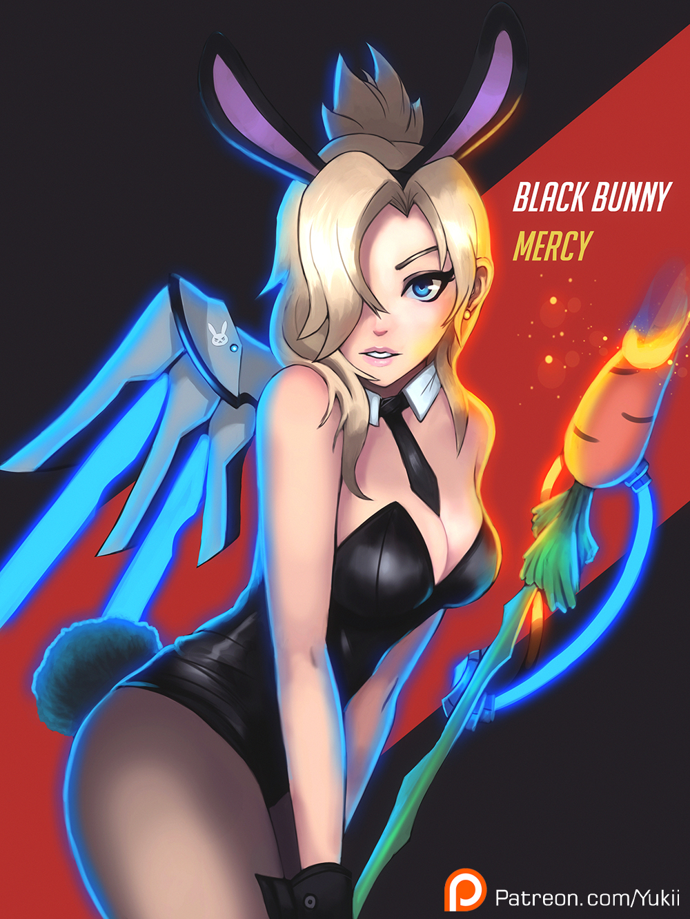 1girl alternate_costume animal_ears backlighting bare_shoulders bent_over between_breasts black_background black_leotard black_necktie blonde_hair blue_eyes blue_wings breasts bunny_tail bunnysuit carrot character_name cleavage cowboy_shot dejan_mihaljevic detached_collar diagonal-striped_background earrings emblem eyeliner eyeshadow fake_animal_ears glowing glowing_wings hair_over_one_eye high_ponytail highres holding holding_staff jewelry leaning_forward leotard looking_at_viewer makeup mechanical_wings medium_breasts medium_hair mercy_(overwatch) necktie necktie_between_breasts overwatch pantyhose parted_lips patreon_logo pink_lips rabbit_ears red_background smile solo staff stud_earrings tail watermark web_address wings wrist_cuffs