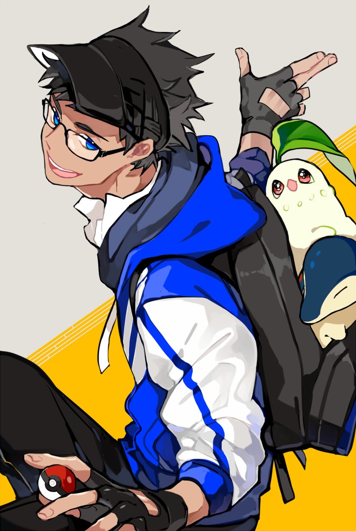 1boy black_gloves black_hair blue_eyes chikorita cyndaquil dark_skin dark_skinned_male fingerless_gloves glasses gloves grey_background hood hoodie looking_at_viewer male_focus male_protagonist_(pokemon_go) open_mouth poke_ball pokemon pokemon_(creature) pokemon_go short_hair simple_background smile solo sonnet_form upper_body visor_cap