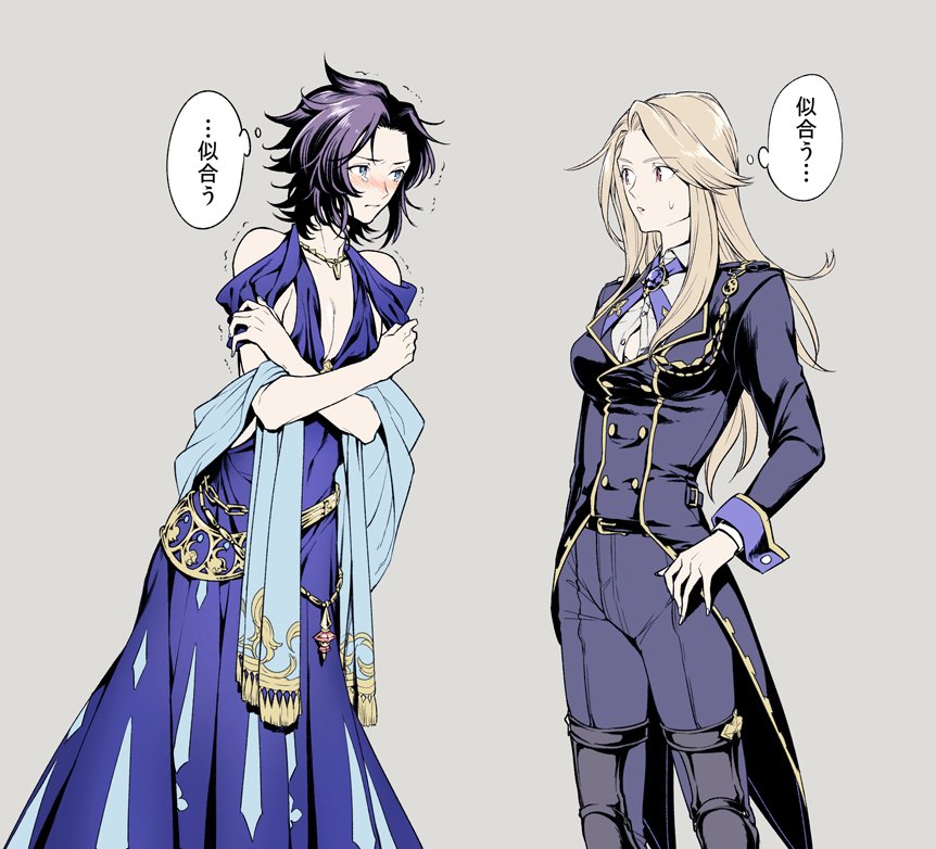 1boy 1girl bare_shoulders black_hair blonde_hair blue_eyes catalina_(granblue_fantasy) cosplay costume_switch crossdressinging dress formal granblue_fantasy lancelot_(granblue_fantasy) matsuki_tou red_eyes suit sweat tears