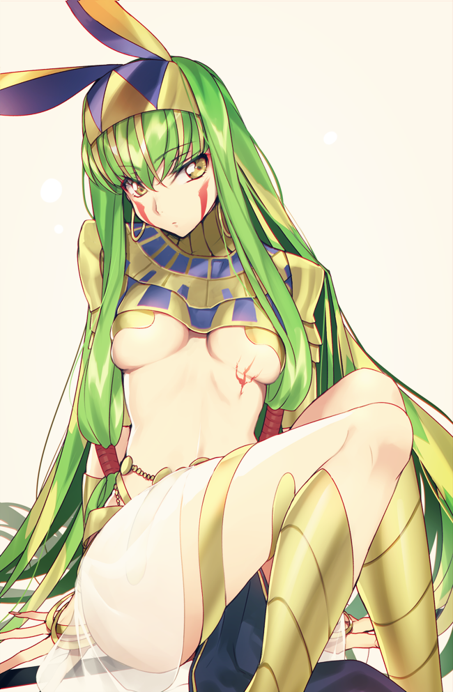 1girl bare_shoulders blush bracelet breasts breasts_apart c.c. closed_mouth code_geass cosplay creayus earrings egyptian egyptian_clothes facial_mark fate/grand_order fate_(series) green_hair hairband hoop_earrings jewelry long_hair looking_at_viewer medium_breasts nitocris_(fate/grand_order) nitocris_(fate/grand_order)_(cosplay) scar sidelocks simple_background sitting solo under_boob very_long_hair yellow_eyes