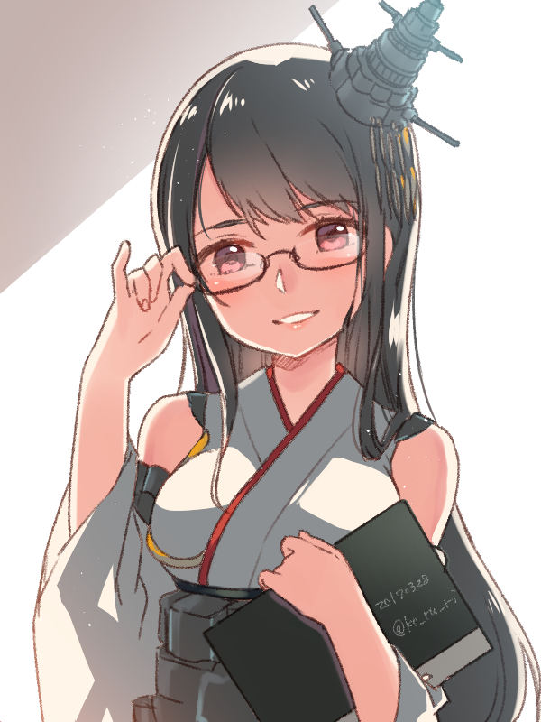 1girl adjusting_glasses black_hair commentary_request fusou_(kantai_collection) glasses kantai_collection ko_ru_ri long_hair nontraditional_miko notepad red_eyes solo upper_body